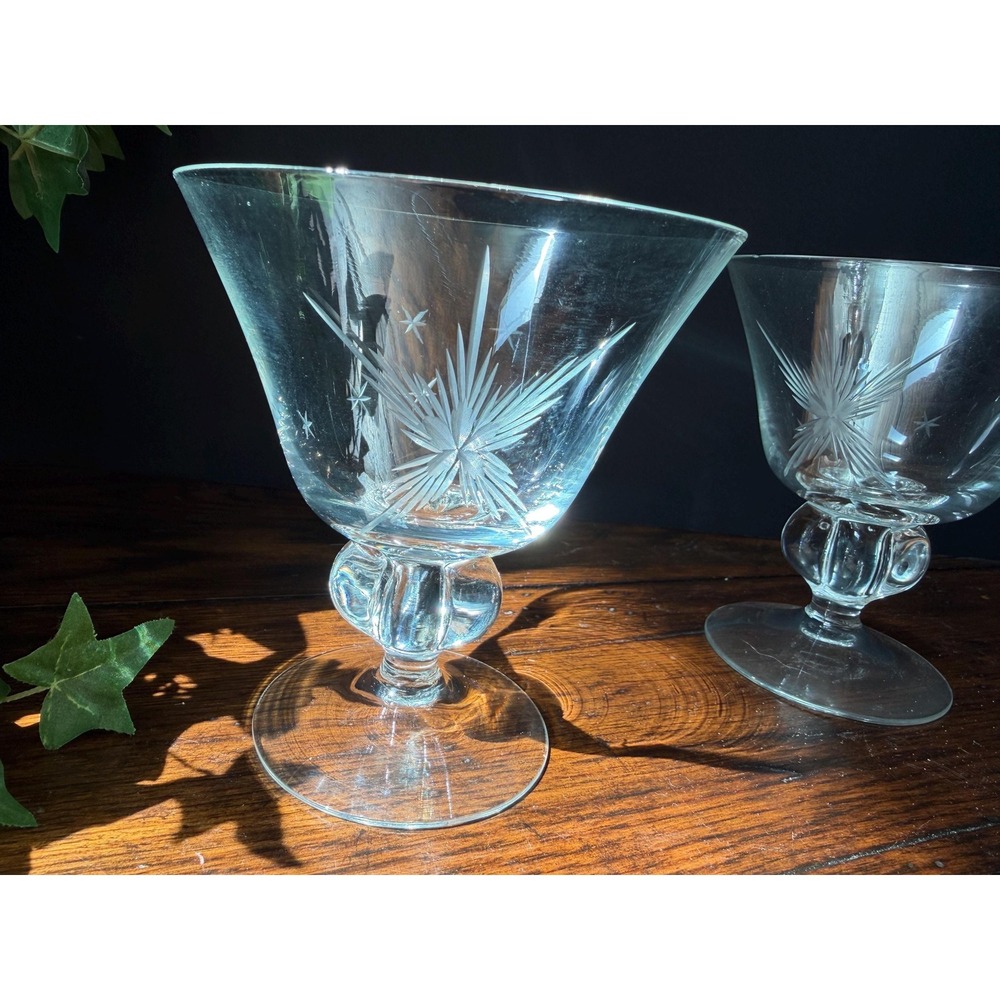 Vintage Celestial Starburst Etched Crystal Wine Glasses MCM Pedestal‎ Set of 8